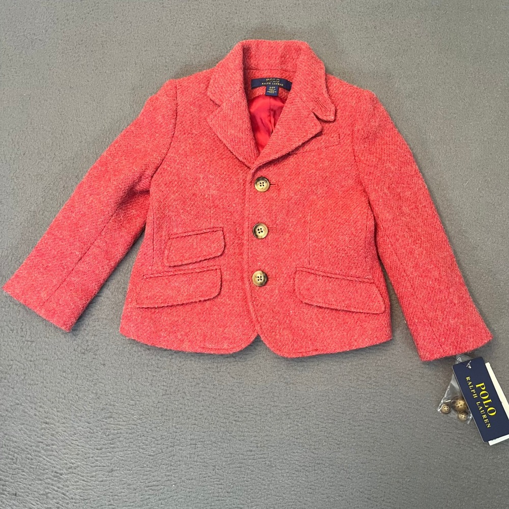 Polo Ralph Lauren Unisex Kids 2T Red Wool Alpaca Tweed Blazer Jacket Patches NWI